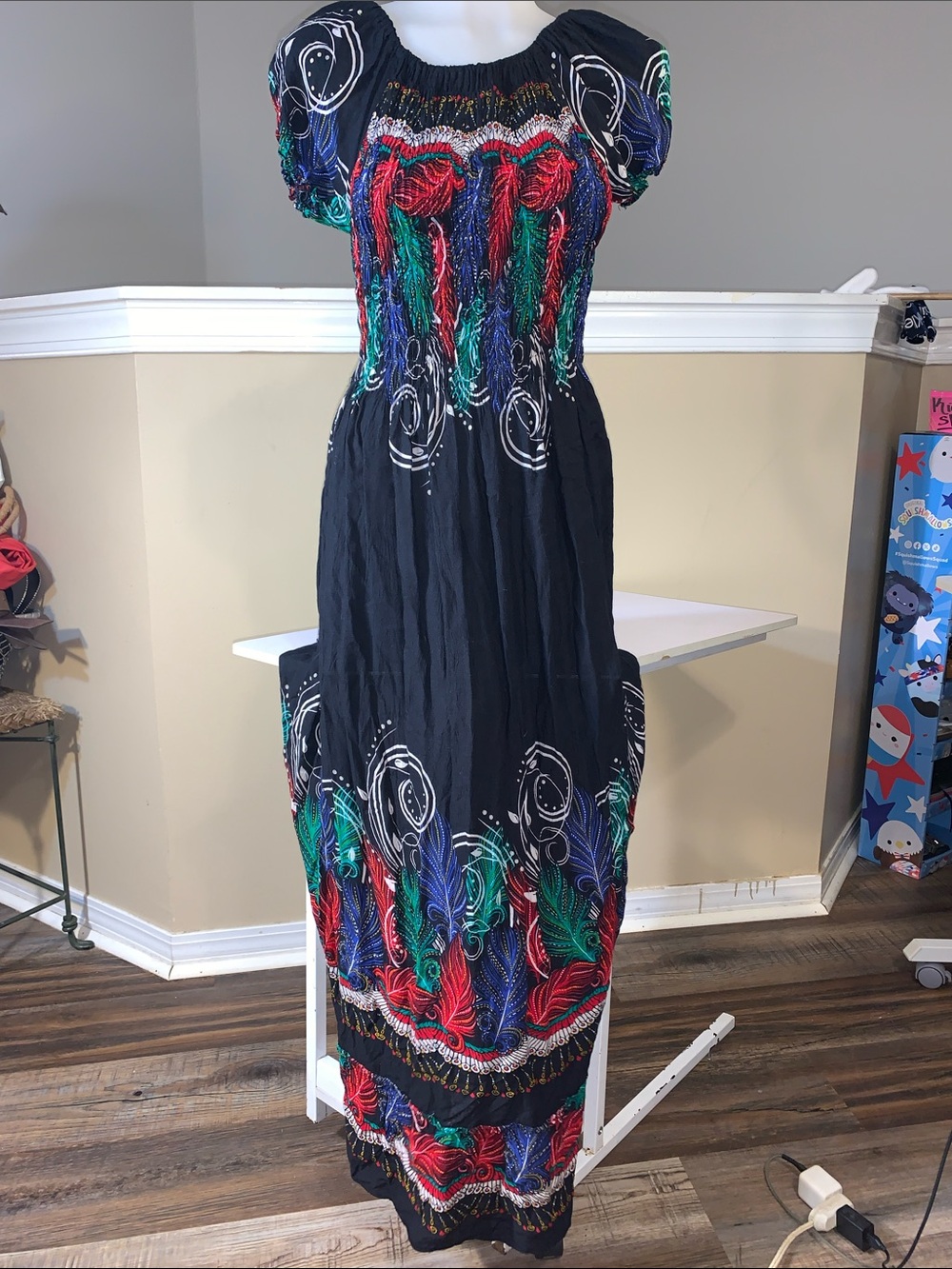 Black Multicolor Smocked Maxi Dress